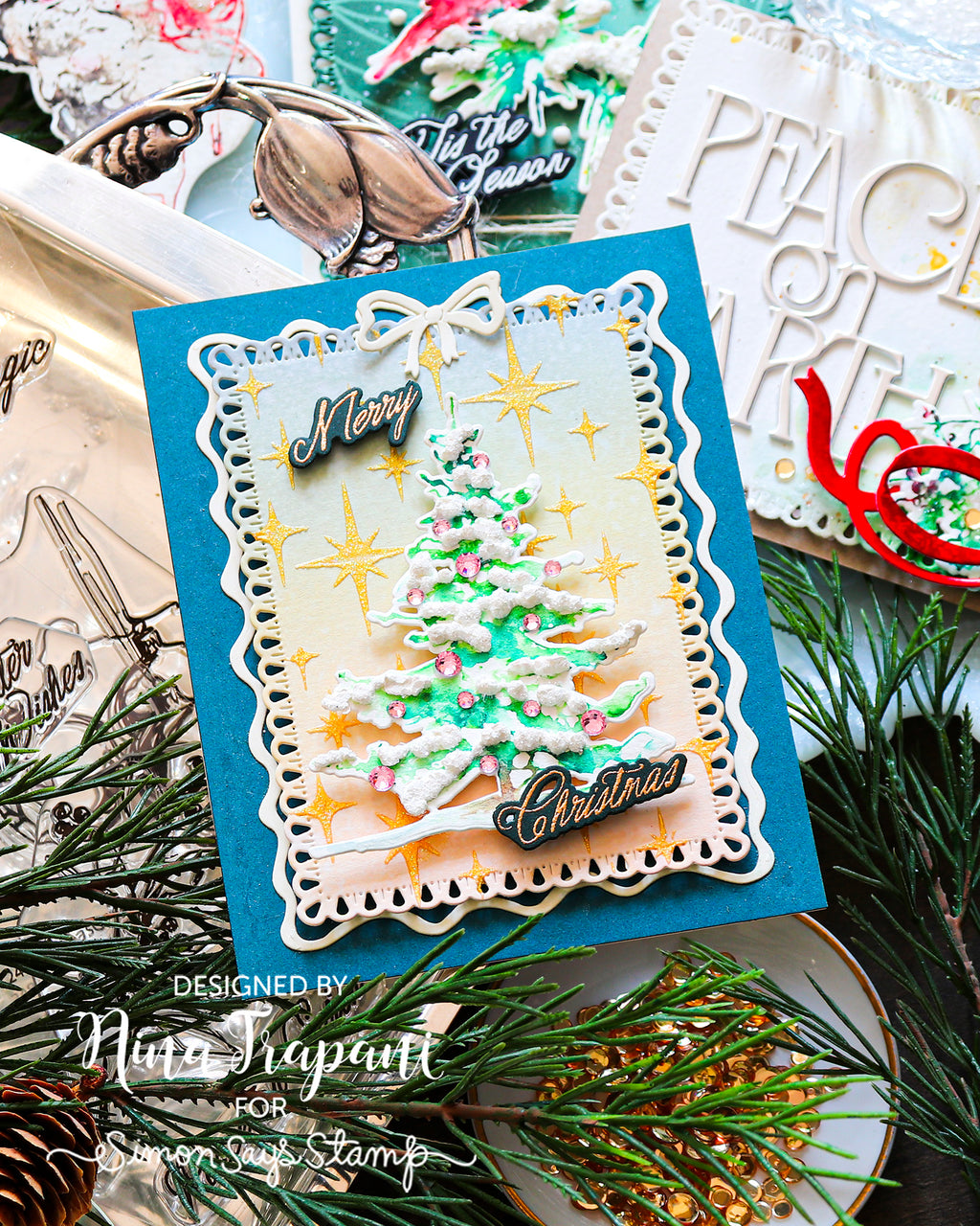 Simon Says Clear Stamps Season of Magic for Tim Holtz Workshop 2491ssc Nina-Marie Trapani Festive Tree Christmas Card