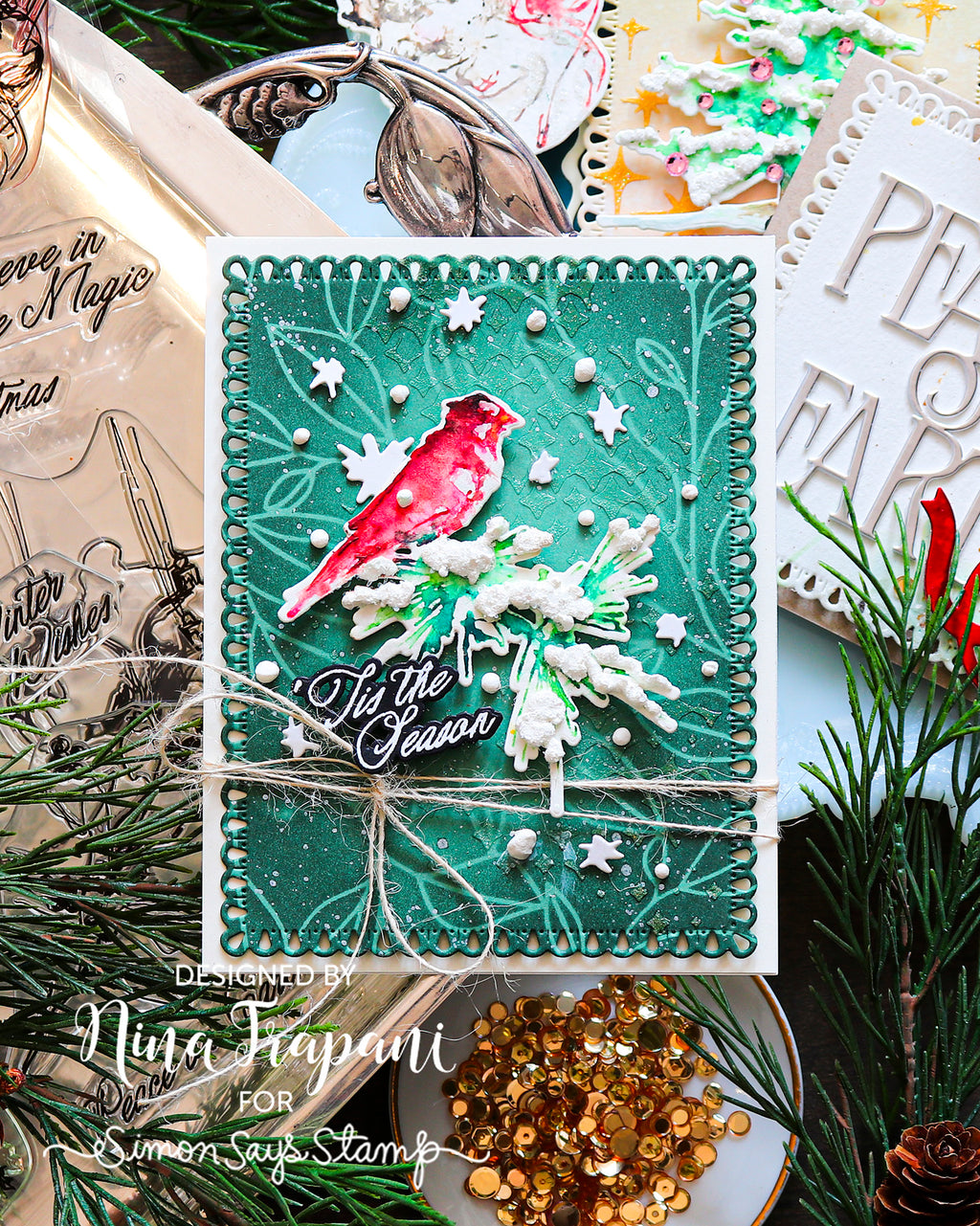 Simon Says Clear Stamps Season of Wonder for Tim Holtz Workshop 2492ssc Nina-Marie Trapani Cardinal Holiday Card