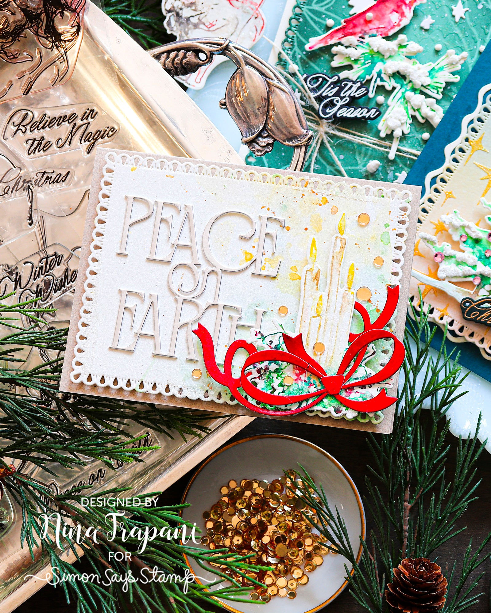 Simon Says Clear Stamps Season of Wonder for Tim Holtz Workshop 2492ssc Nina-Marie Trapani Peace on Earth Card