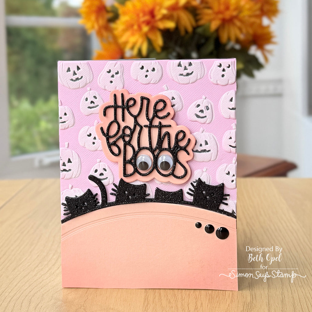 Simon Says Stamp 2026 Stamptember Embossing Folders and Stencils I Want it All set1364wa Beth Opel Pink and Orange Cute Pumpkins Halloween Card