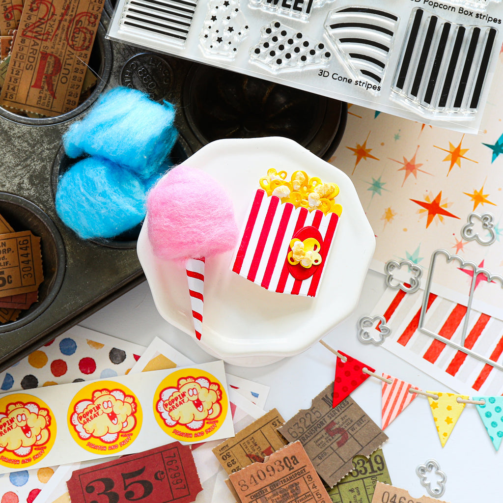 Simon Says Stamp 3D Box and Popcorn Wafer Dies 1698sd Handmade Cotton Candy and Popcorn Box Nina Trapani