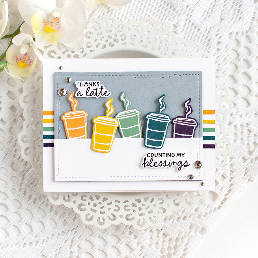 Simon Says Stamp A2 Hand-stitched Rectangles Wafer Dies 1807sd Heather Hoffman Coffee Cups in a Row counting my blessings thanks card