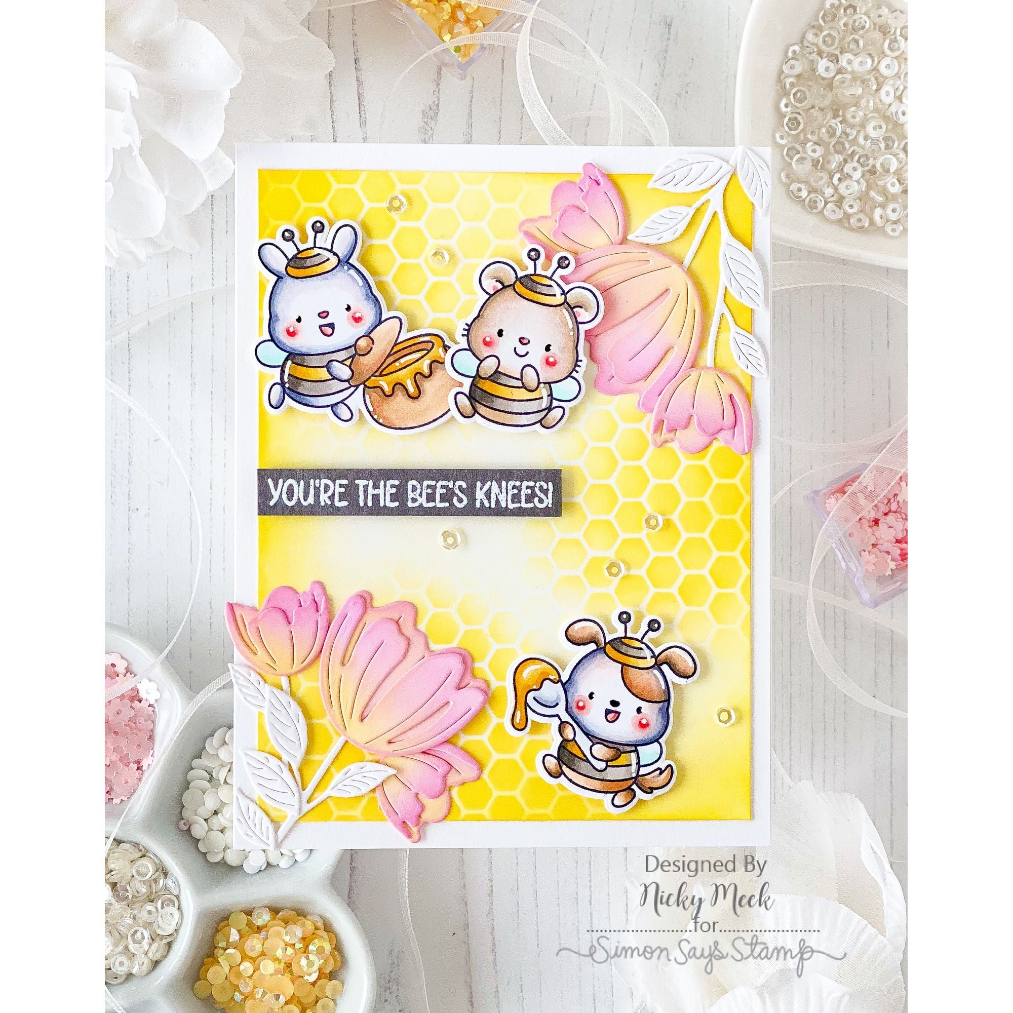 Simon Says Stamp Bee's Knees Wafer Dies 1327sdc Every Happiness Nicky Meek Cute Bees and Blooms Card