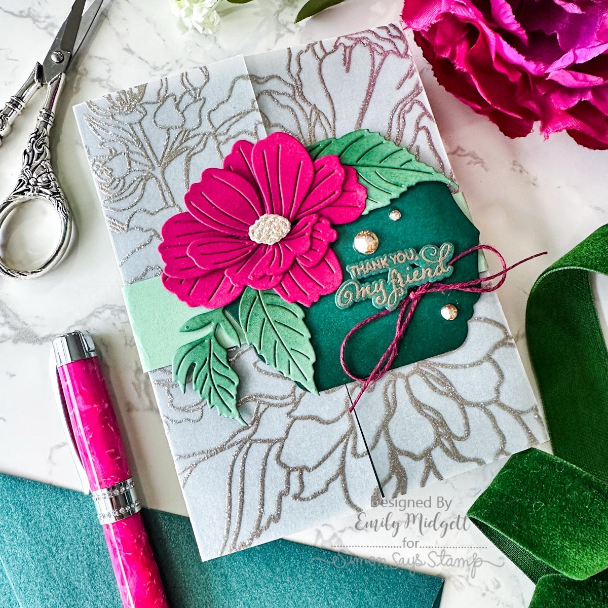 Simon Says Stamp Blushing Bloom Wafer Dies s1226 Stamptember Emily Midgett Friend Thank You Card