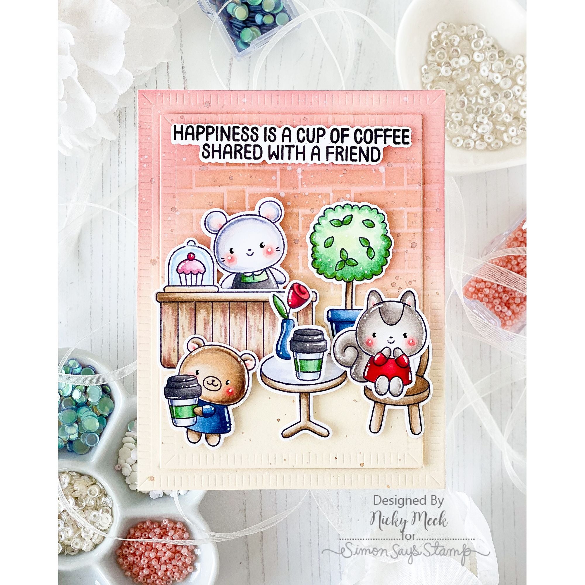 Simon Says Stamp Coffee With Friends Wafer Dies 1323sdc Every Happiness Nicky Meek Coffee Shop Critters Scene Card