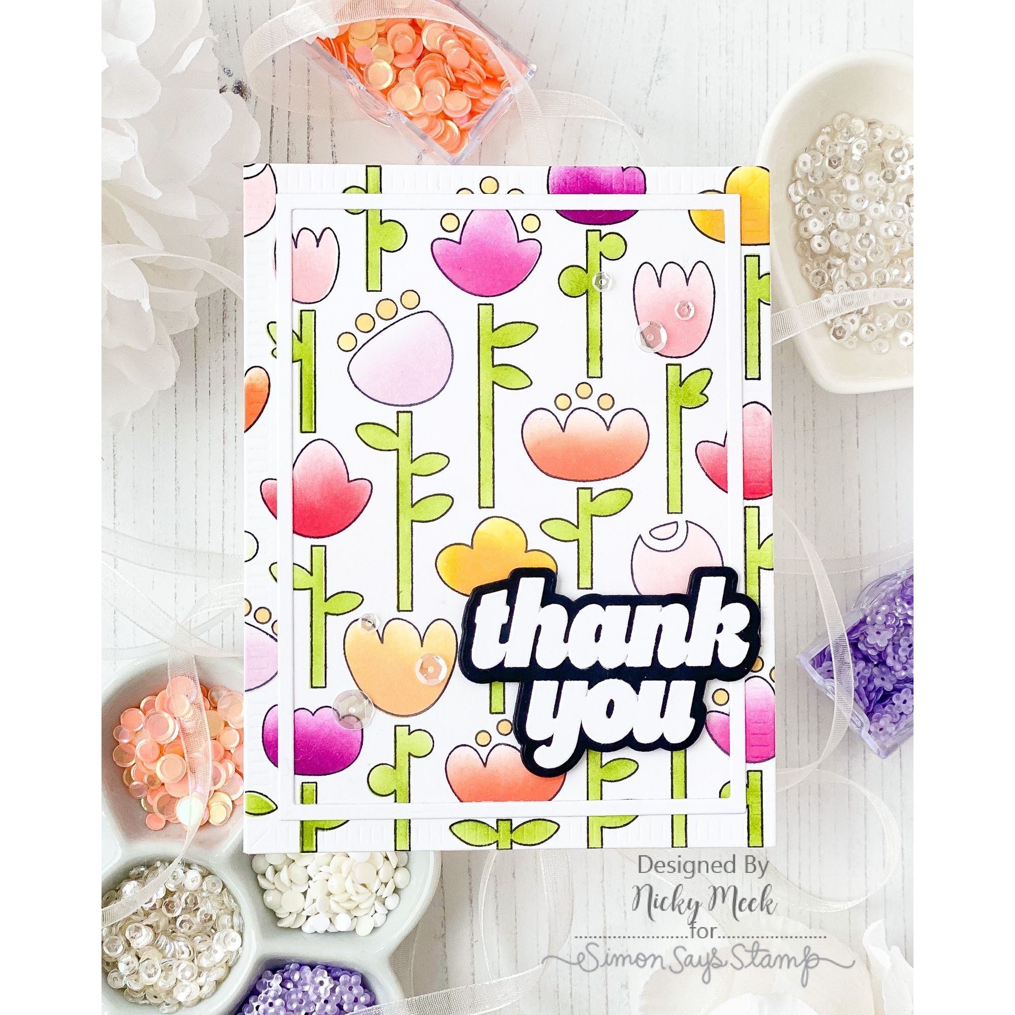 Simon Says Stamp Crimped A2 Rectangles Wafer Dies 1407sd In My Heart Folk Floral Thank You Card