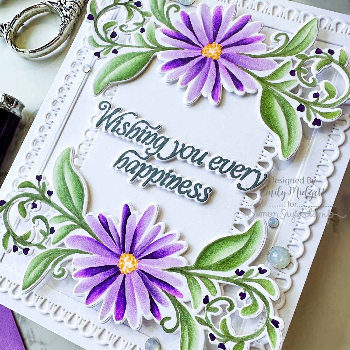 Simon Says Stamp Daisy Frame Wafer Dies 1653sdc Every Happiness Emily Midgette Purple Swags Card