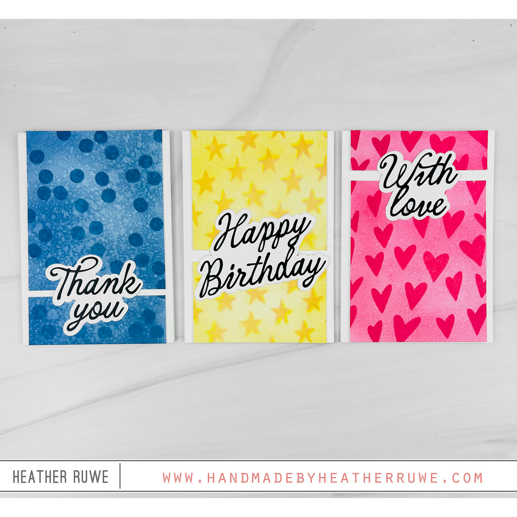 Simon Says Stamp Darling Script Greetings Wafer Dies 1739sd Heather Ruwe Bright Stenciled Card Set | color-code:ALT05