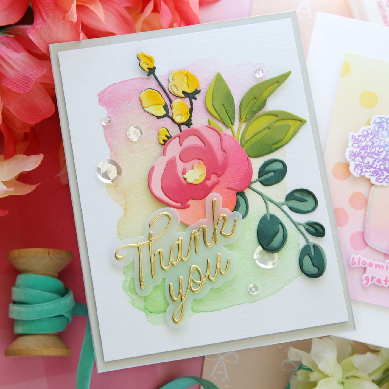 Simon Says Stamp Darling Script Greetings Wafer Dies 1739sd Laura Bassen Elegant Rose Thank You Card | color-code:ALT07