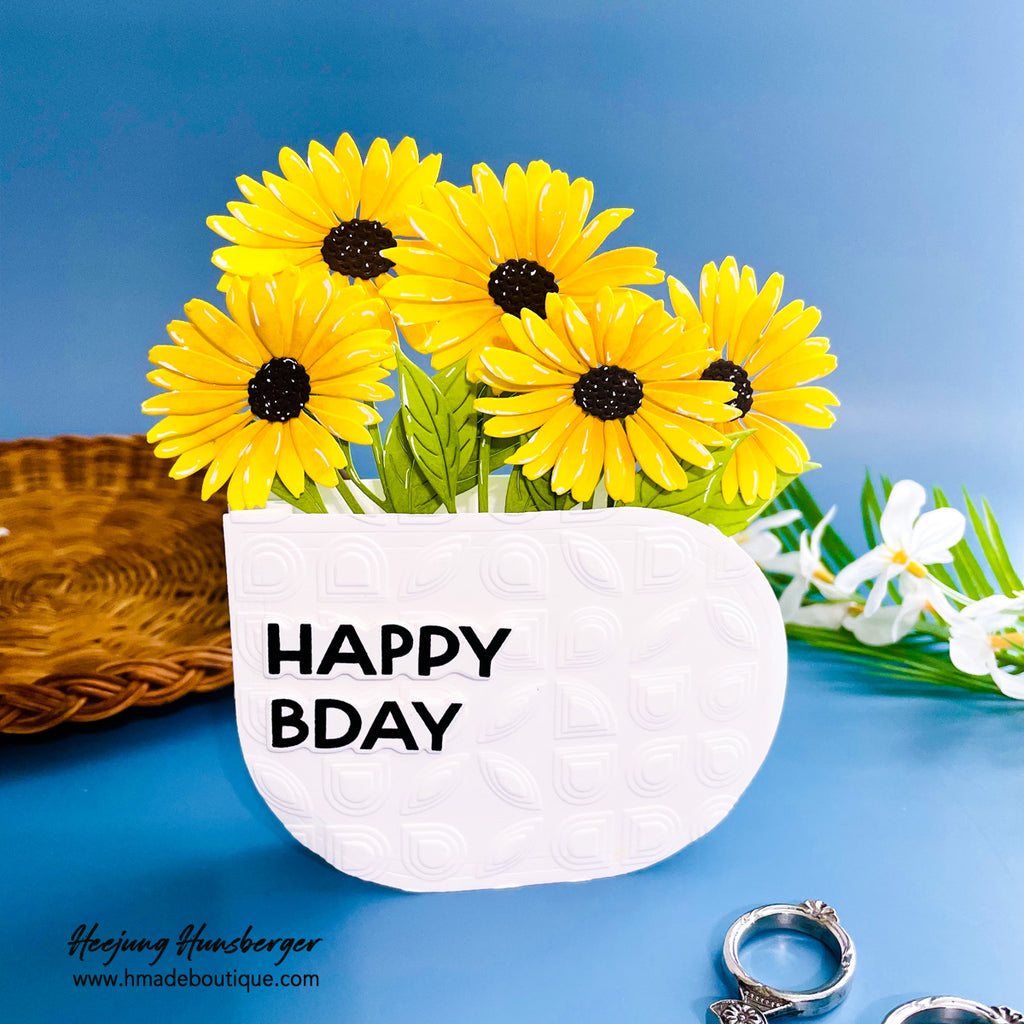 Simon Says Stamp Dewdrop Daisy Wafer Dies s1153 Shine On Heejung Hungsberger  Shaped Birthday Bouquet Card