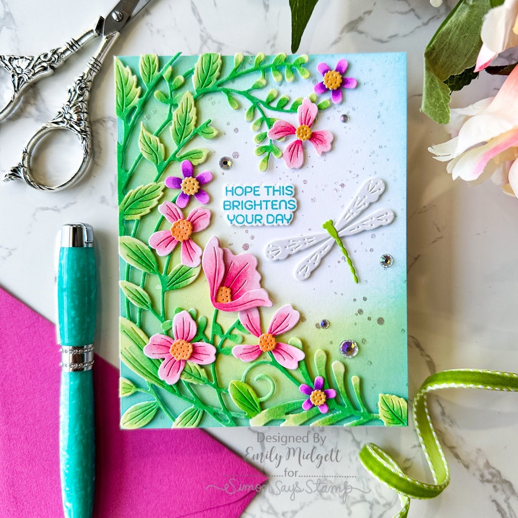 Simon Says Stamp Dewpierce Dragonfly Duo Wafer Dies s1125 Every Happiness Emily Midgett Lush Vine Card