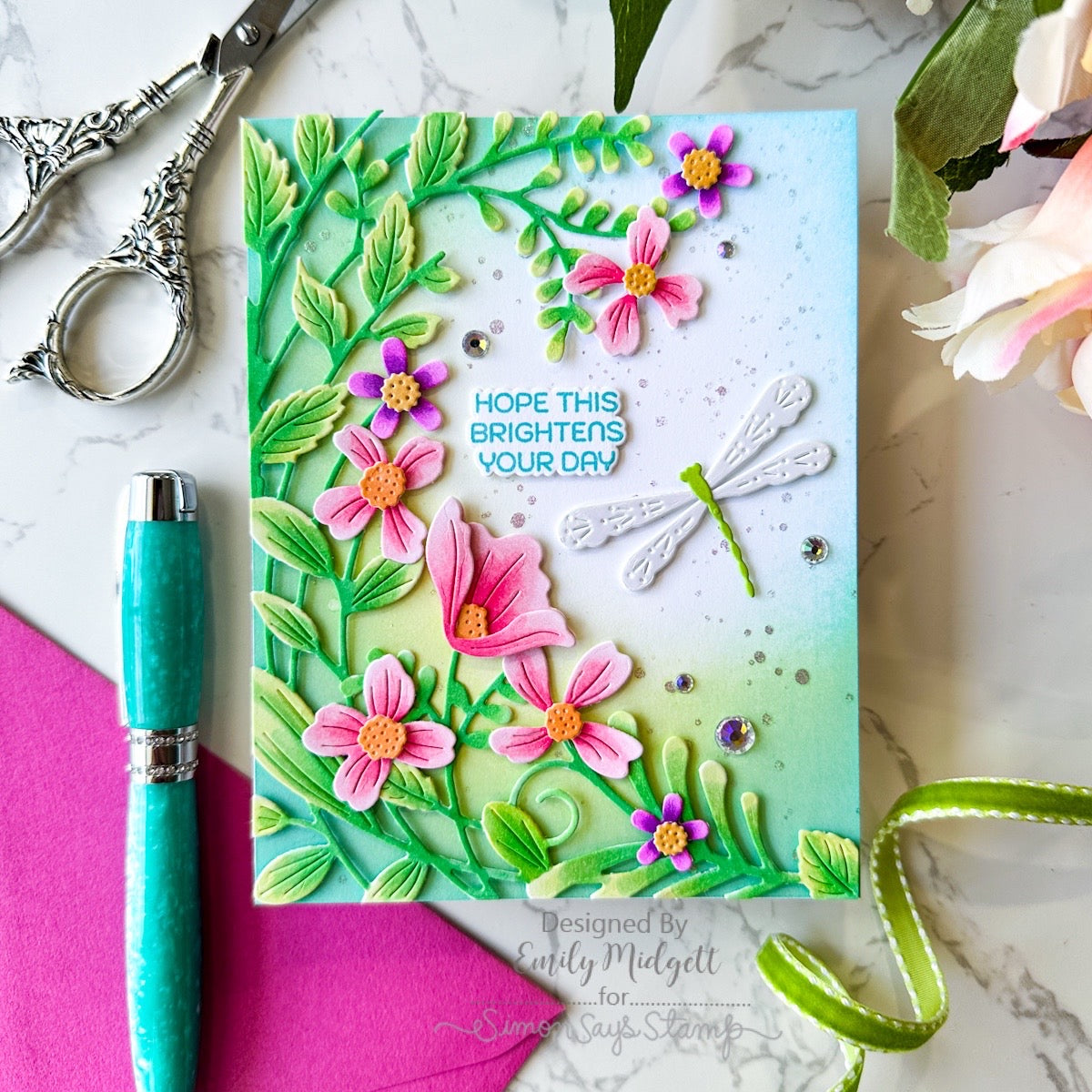 Simon Says Stamp Dewpierce Dragonfly Duo Wafer Dies s1125 Every Happiness Emily Midgett Lush Vine Card