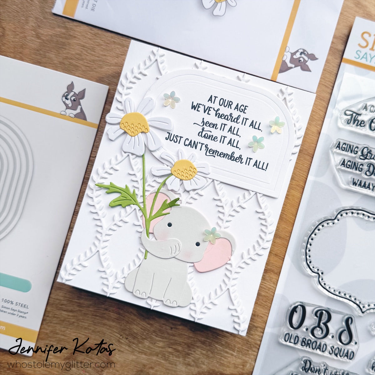 Simon Says Stamp Embossed Squovals Wafer Dies 1639sd Shine On Old Age Card with Elephant Jennifer Kotas