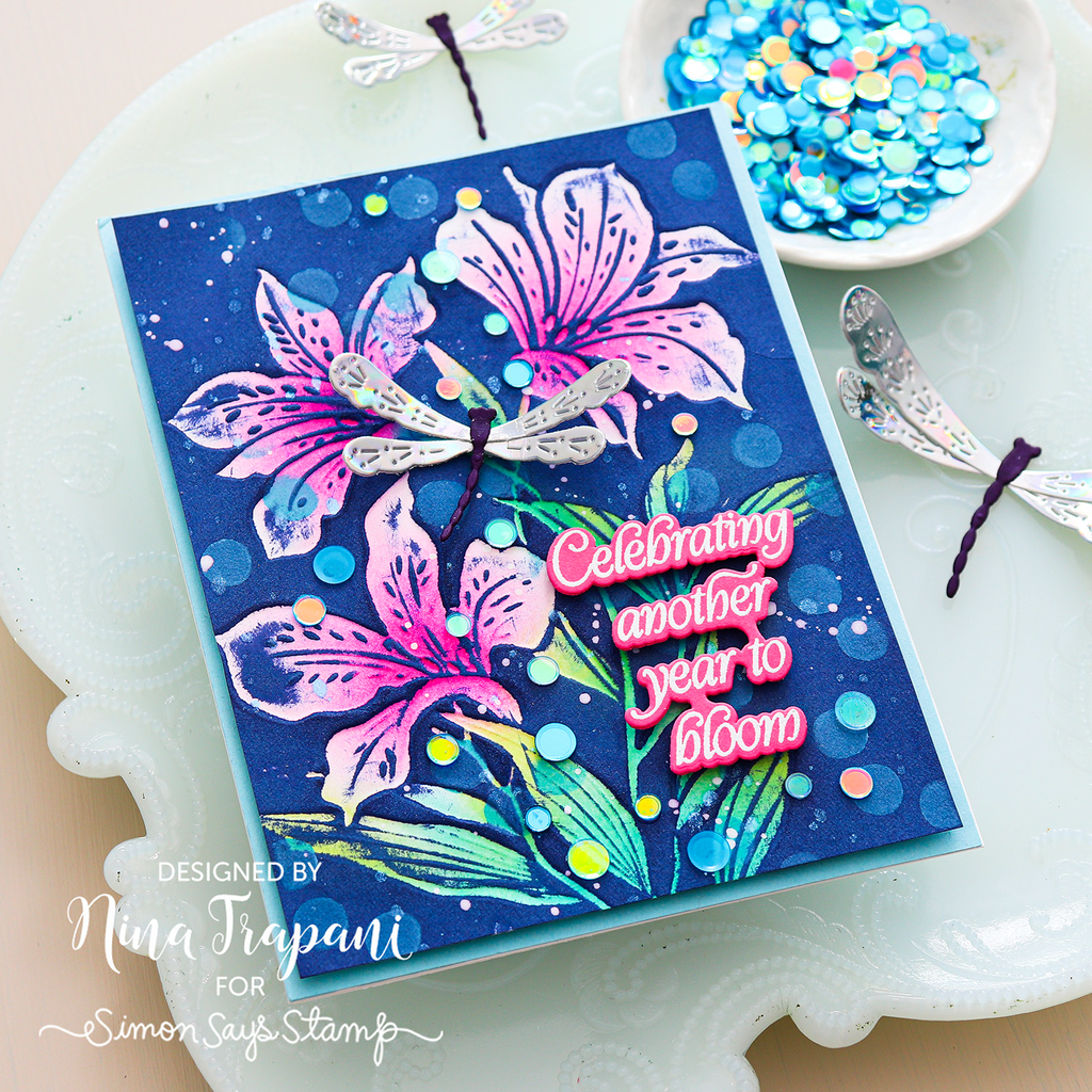Simon Says Stamp Embossing Folder Alstroemeria Blooms sf614 Every Happiness Nina-Marie Trapani Flowers and Dragonfly Birthday Card | color-code:ALT03