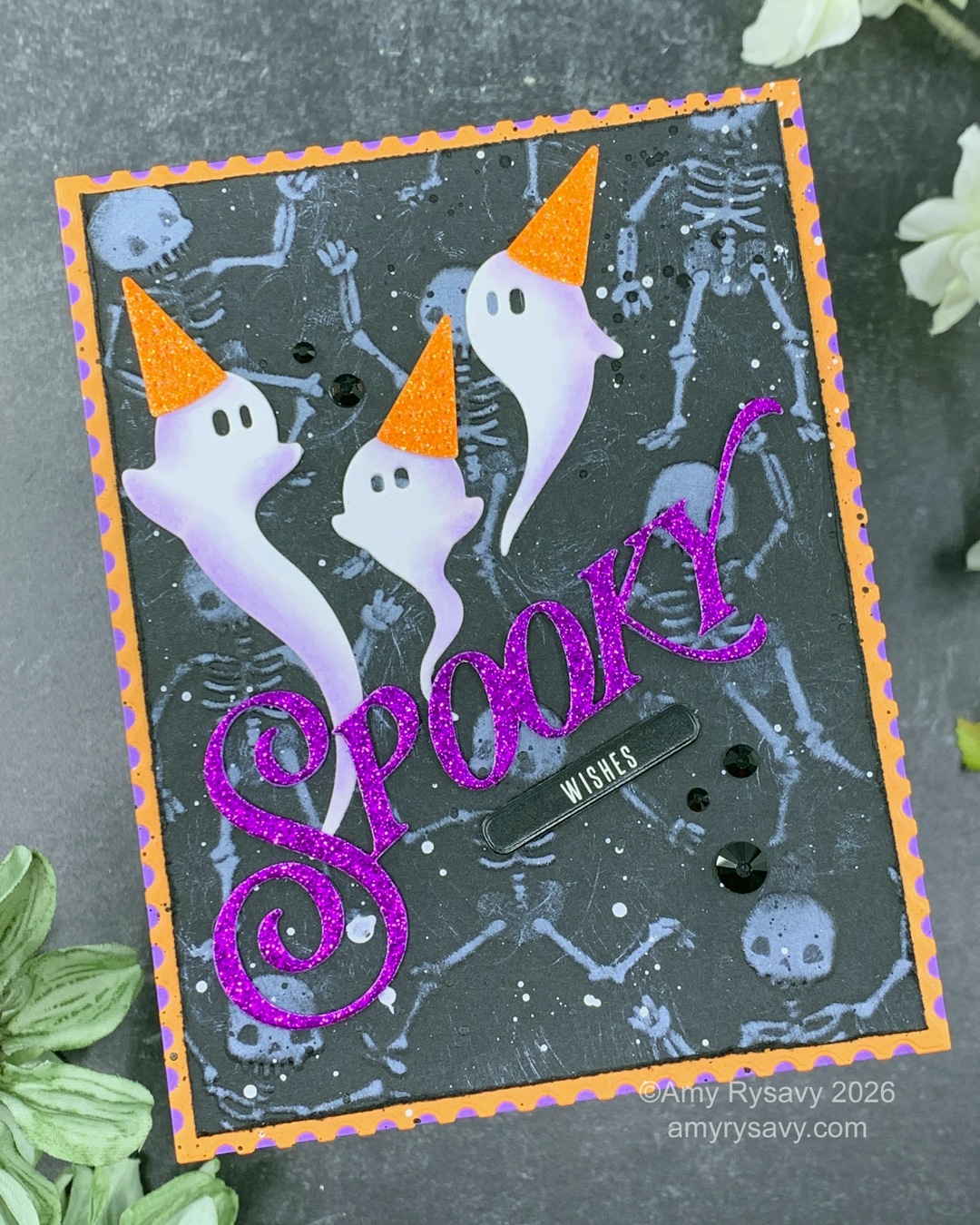 Simon Says Stamp Embossing Folder Dancing Skeletons sf665 Spooky Ghosts Halloween Card Amy Rysavy | color-code:ALT02 