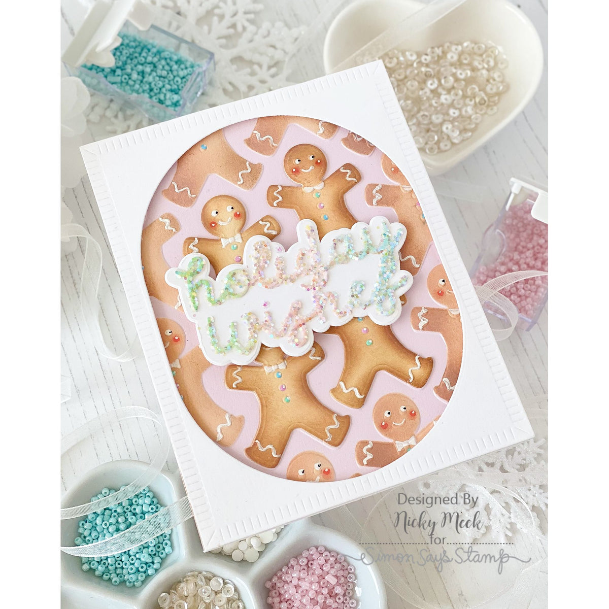 Simon Says Stamp Embossing Folder Die and Stencils Gingerbread Man set1398gm Sending Cheer Nicky Meek Holiday Wishes Card