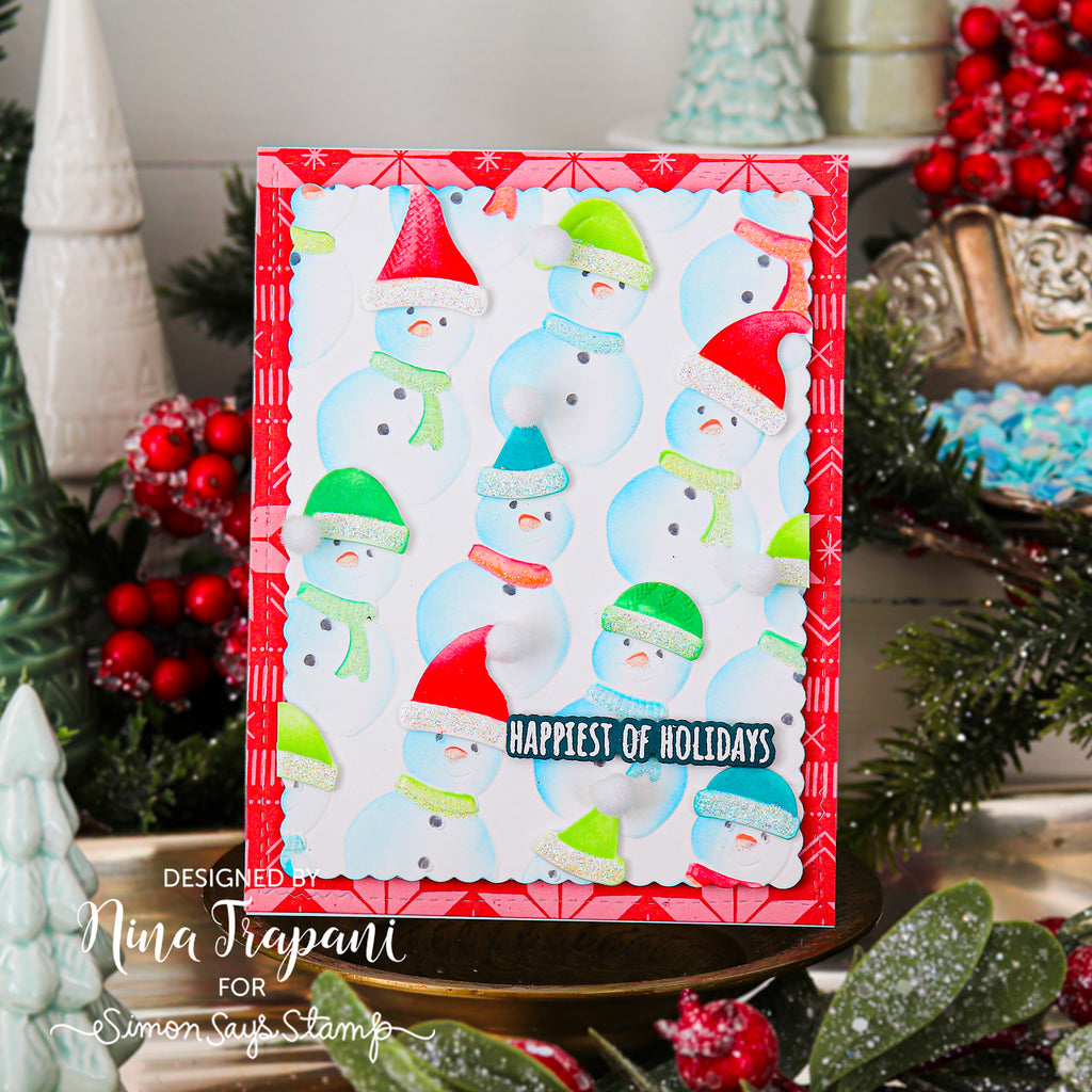 Simon Says Stamp Embossing Folder Dies and Stencils Bundled Up set1403bu Sending Cheer Nina Trapani Hats on Snowmen Card
