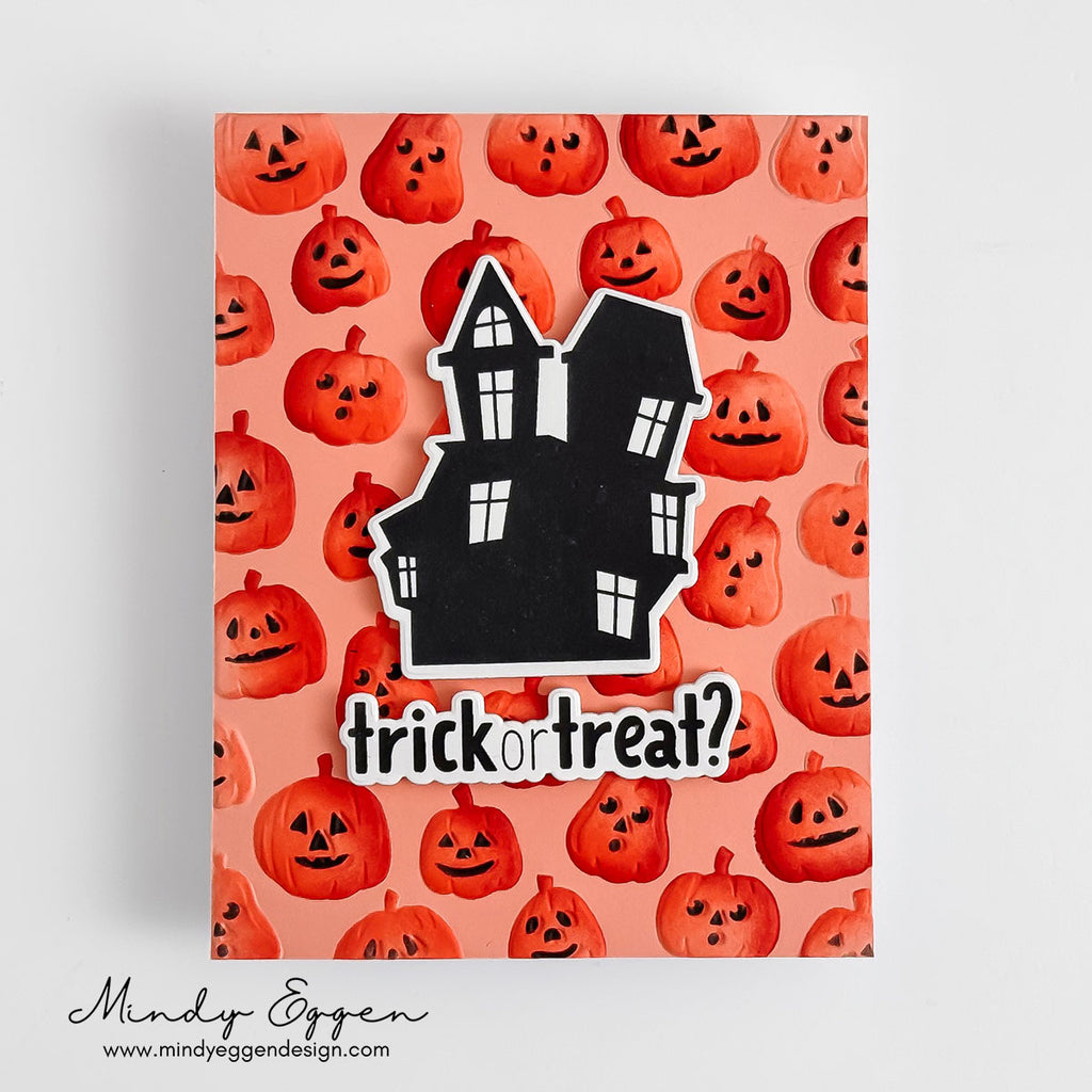 Simon Says Stamp Embossing Folder, Dies, and Stencils Glowing Jack O Lanterns set1370gj Mindy Eggen Pumpkins and Haunted House Halloween Card | color-code:ALT02