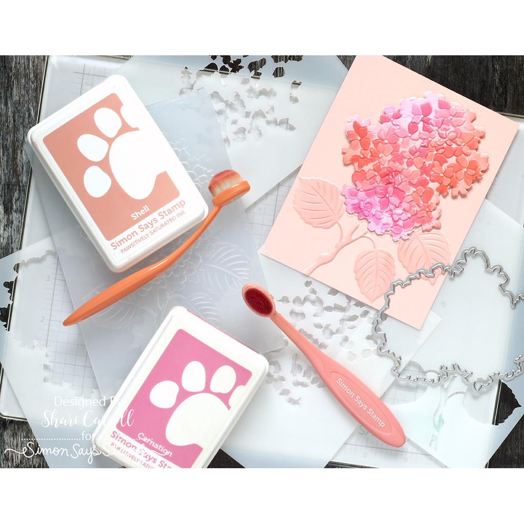 Simon Says Stamp Embossing Folder Dies and Stencils Gorgeous Hydrangea set1256gh Always There Coral and Pink Flower with ink and brushes Shari Carroll | color-code:ALT04