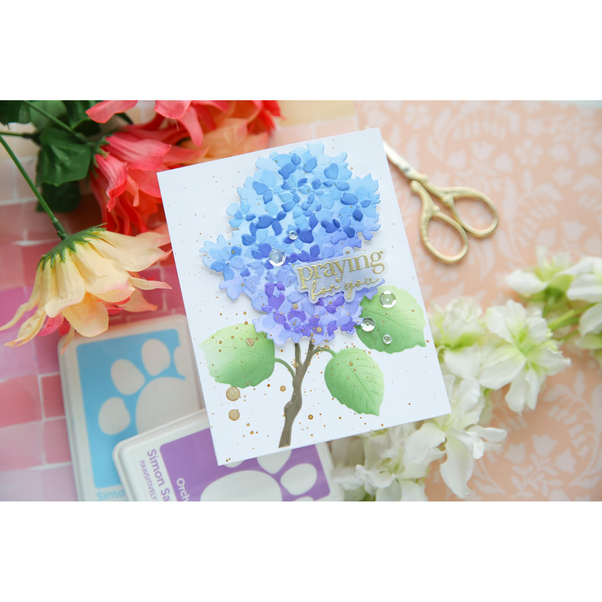 Simon Says Stamp Embossing Folder Dies and Stencils Gorgeous Hydrangea set1256gh Always There Praying for You Card Laura Bassen
