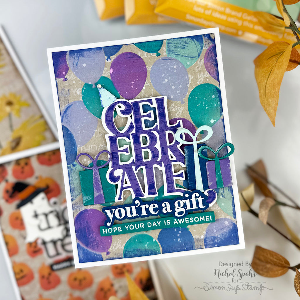 Simon Says Stamp Embossing Folder, Dies, and Stencils Party Balloons set1371pb Nichol Spohr Cool Tones Birthday Card | color-code:ALT05