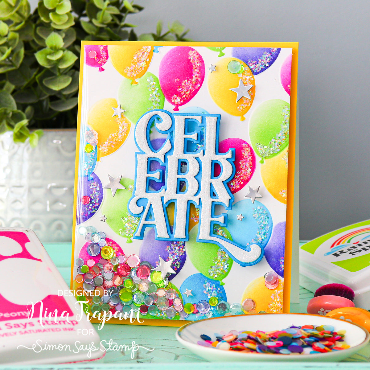 Simon Says Stamp Embossing Folder, Dies, and Stencils Party Balloons set1371pb Nina-Marie Trapani Balloons Shaker Card | color-code:ALT01