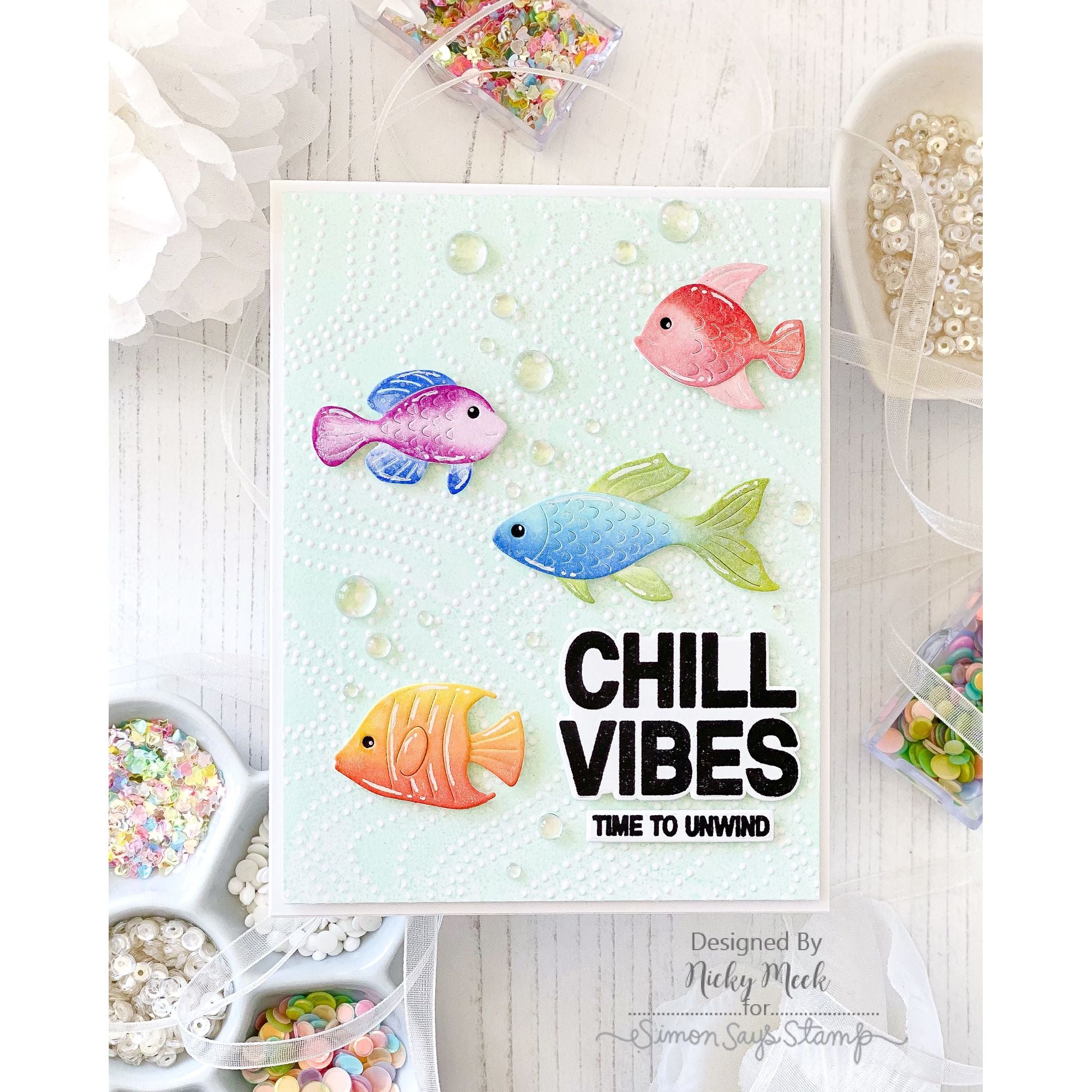 Simon Says Stamp Embossing Folder Dotty Contour sf530 Shine On Chill Vibes Fish Card Nicky Meek