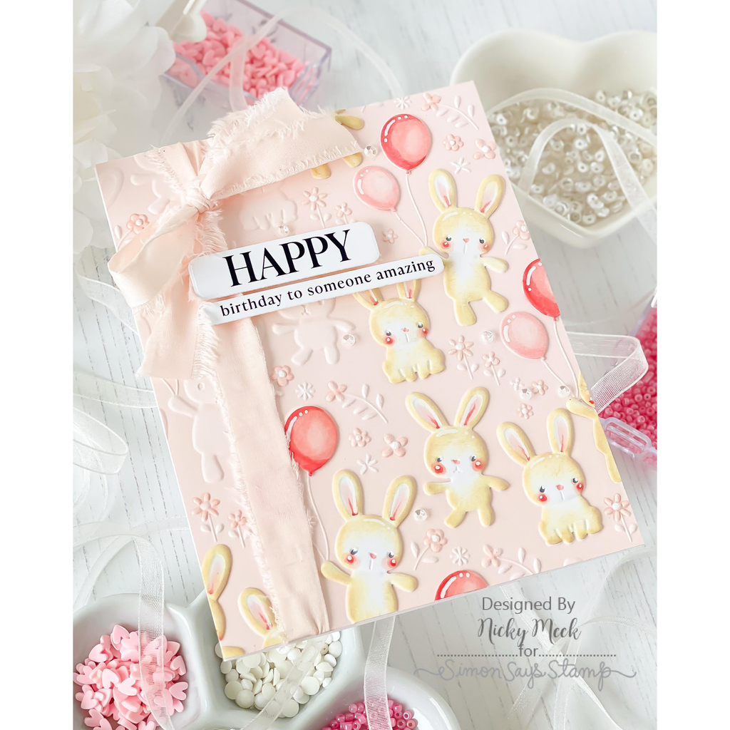 Simon Says Stamp Embossing Folder Fable Balloon Bunnies sf647 Nicky Meek Pink Birthday Card with Pink Bow