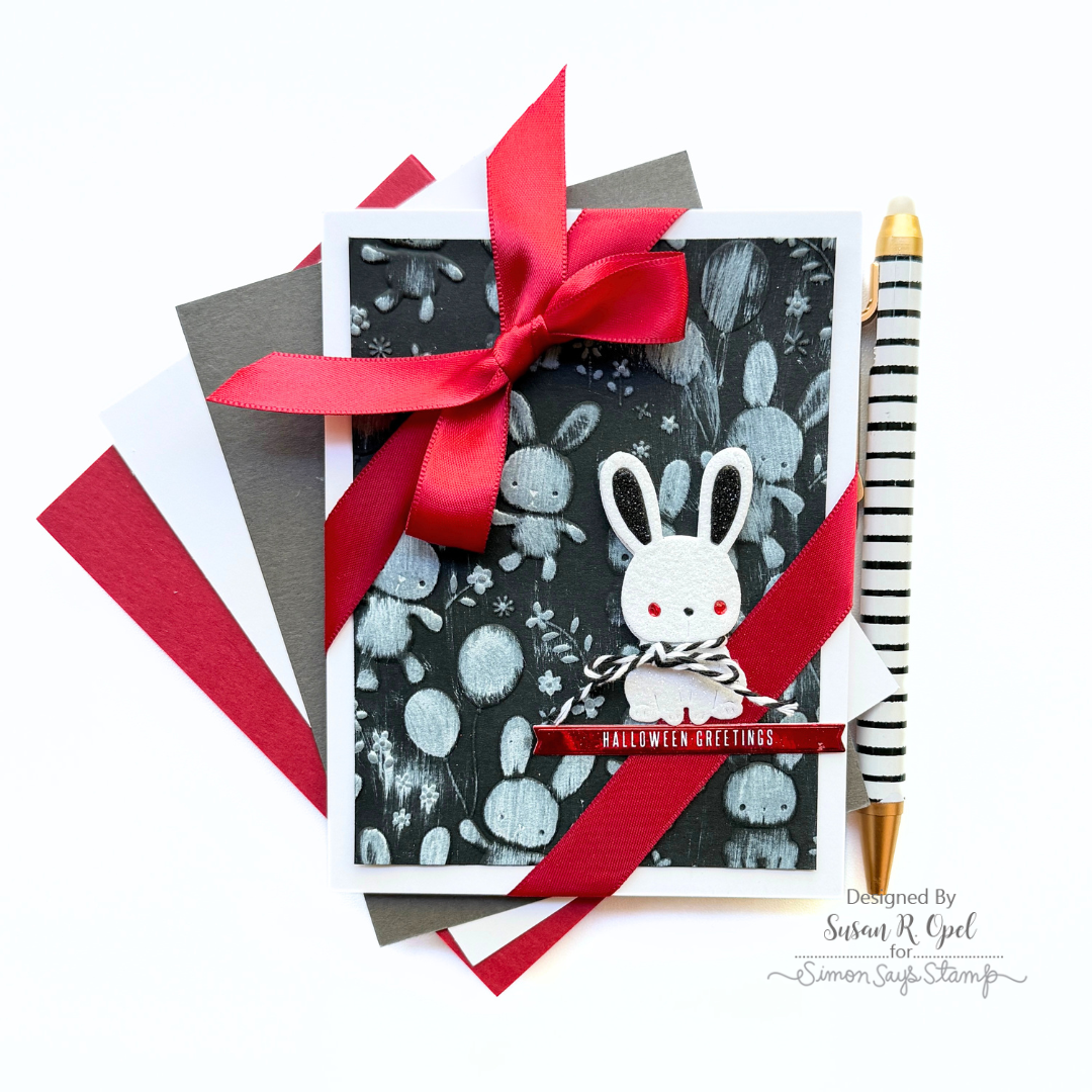 Simon Says Stamp Embossing Folder Fable Balloon Bunnies sf647 Susan R. Opel Psycho Bunny Halloween Card with Red Bow