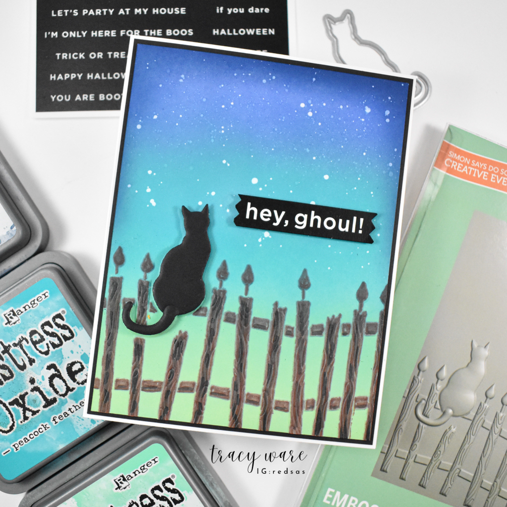Simon Says Stamp Embossing Folder Fenceline Cat sf664 Tracy Ware Serene Black Cat Halloween Card