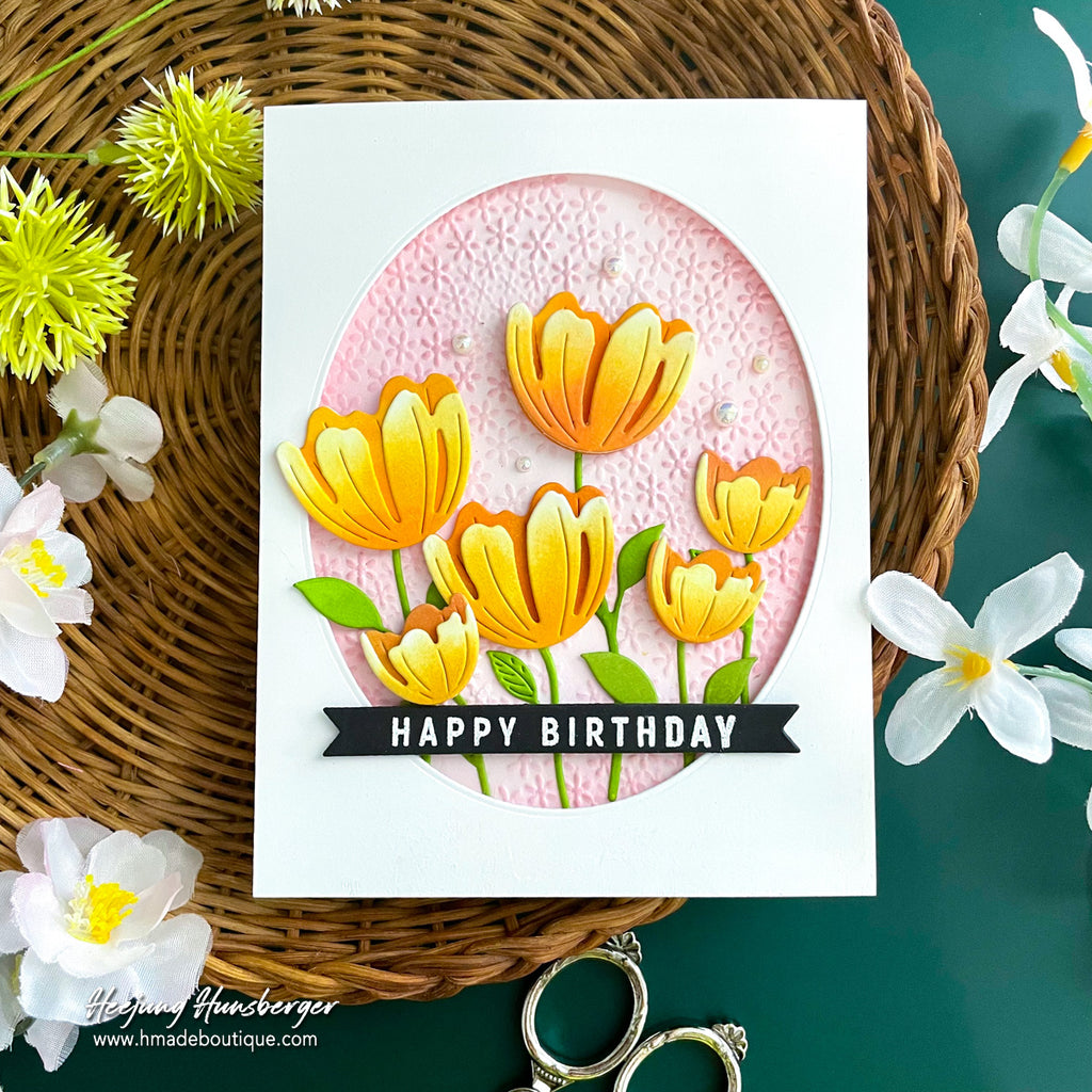 Simon Says Stamp Embossing Folder Flower Puff sf600 Every Happiness Heejung Hunsberger Birthday Card