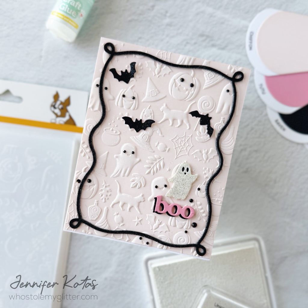 Simon Says Stamp Embossing Folder Halloween Collage sf662 Stamptember Jennifer Kotas Bow Frame Boo Card