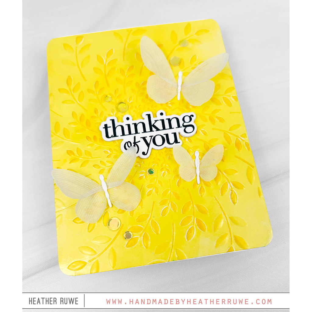Simon Says Stamp Embossing Folder Leaf Spin sf554 Beautiful Moments Yellow Thinking of You Card Heather Ruwe | color-code:ALT04