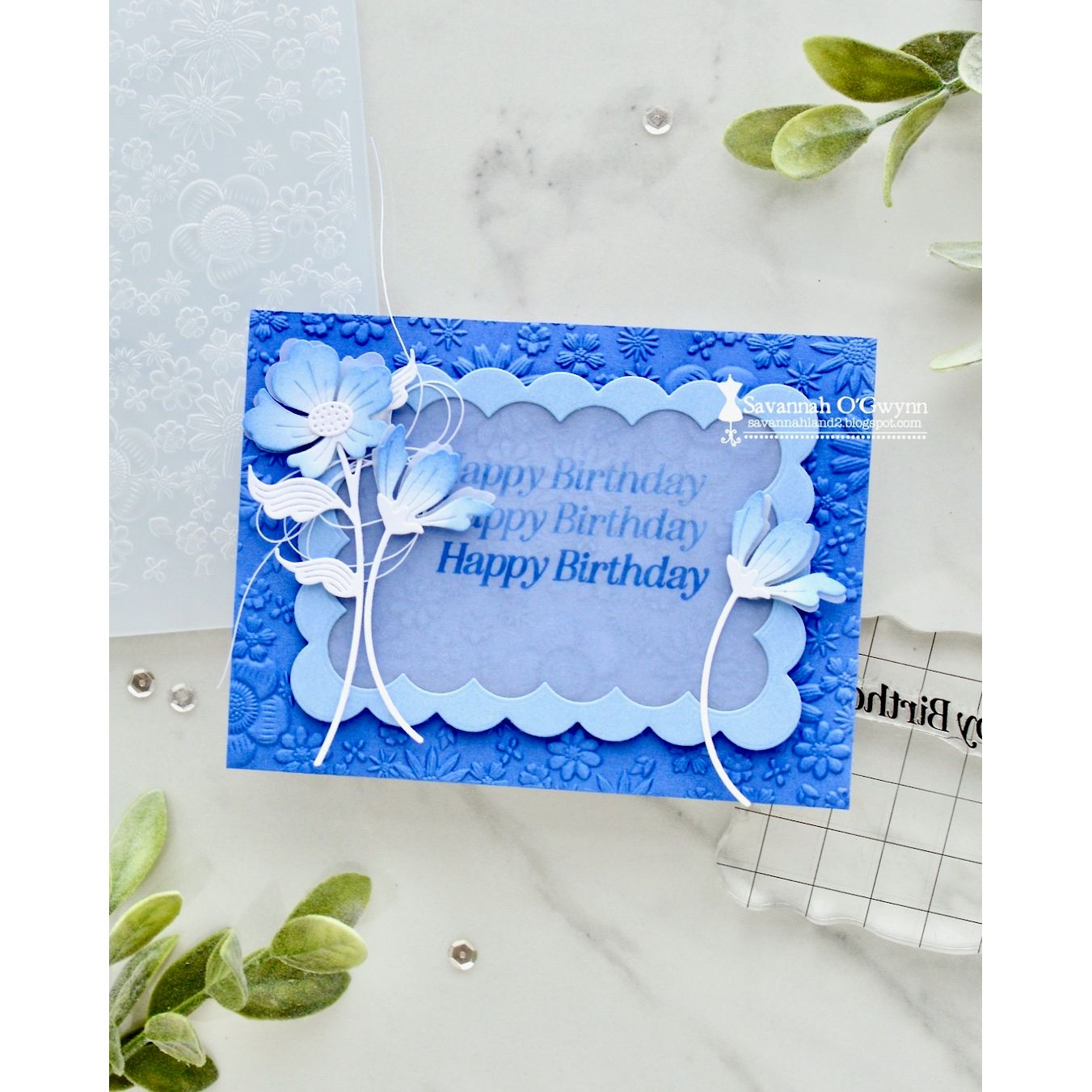 Simon Says Stamp Embossing Folder Mythic Blooms sf574 Always There Blue Birthday Card Savannah O'Gwynn