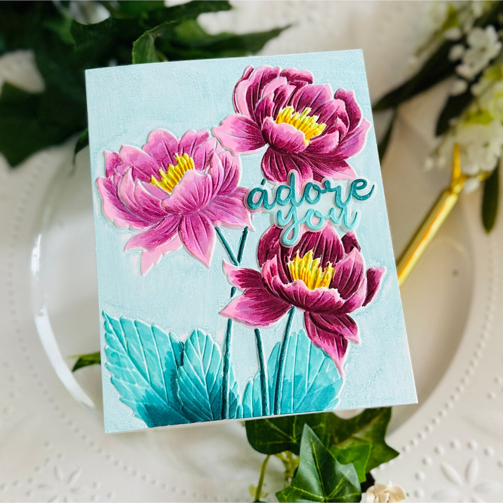 Simon Says Stamp Embossing Folder Peony Trio sf605 Shine On Adore You Blooms Card Kailash Naidoo
