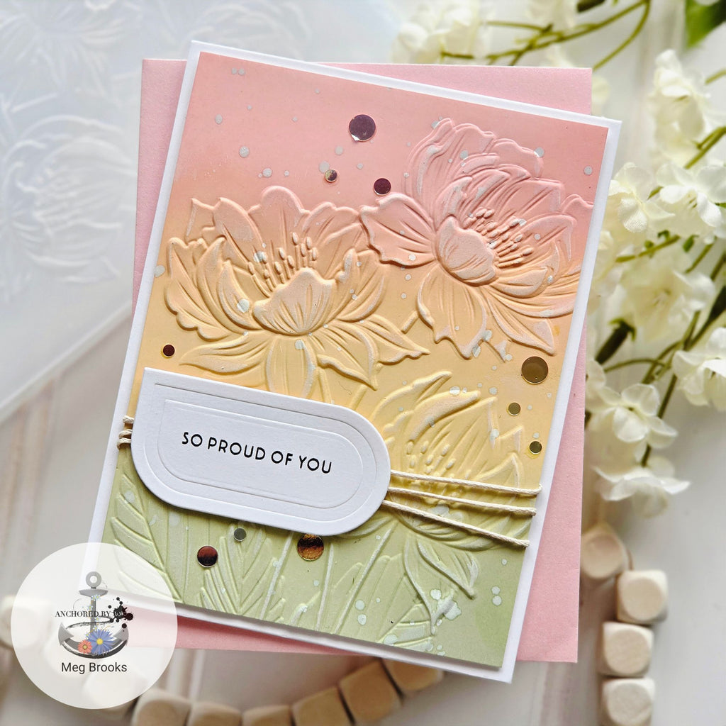 Simon Says Stamp Embossing Folder Peony Trio sf605 Shine On Proud of You Card Meg Brooks