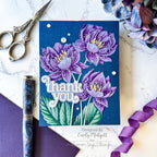 Simon Says Stamp Embossing Folder Peony Trio sf605 Shine On Purple Flowers Thank You Card Emily Midgett