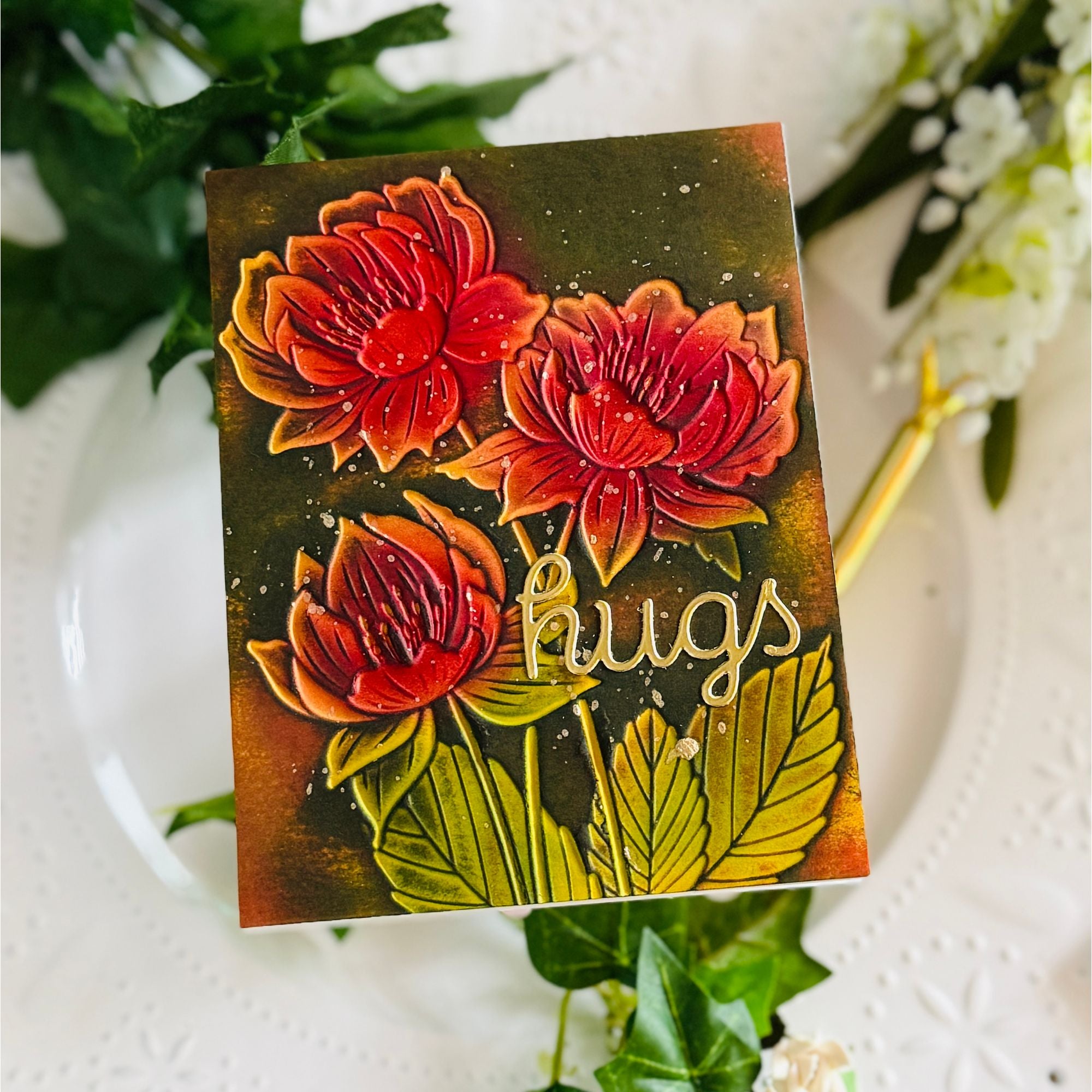 Simon Says Stamp Embossing Folder Peony Trio sf605 Shine On Red Blooms Hugs Card Kailash Naidoo