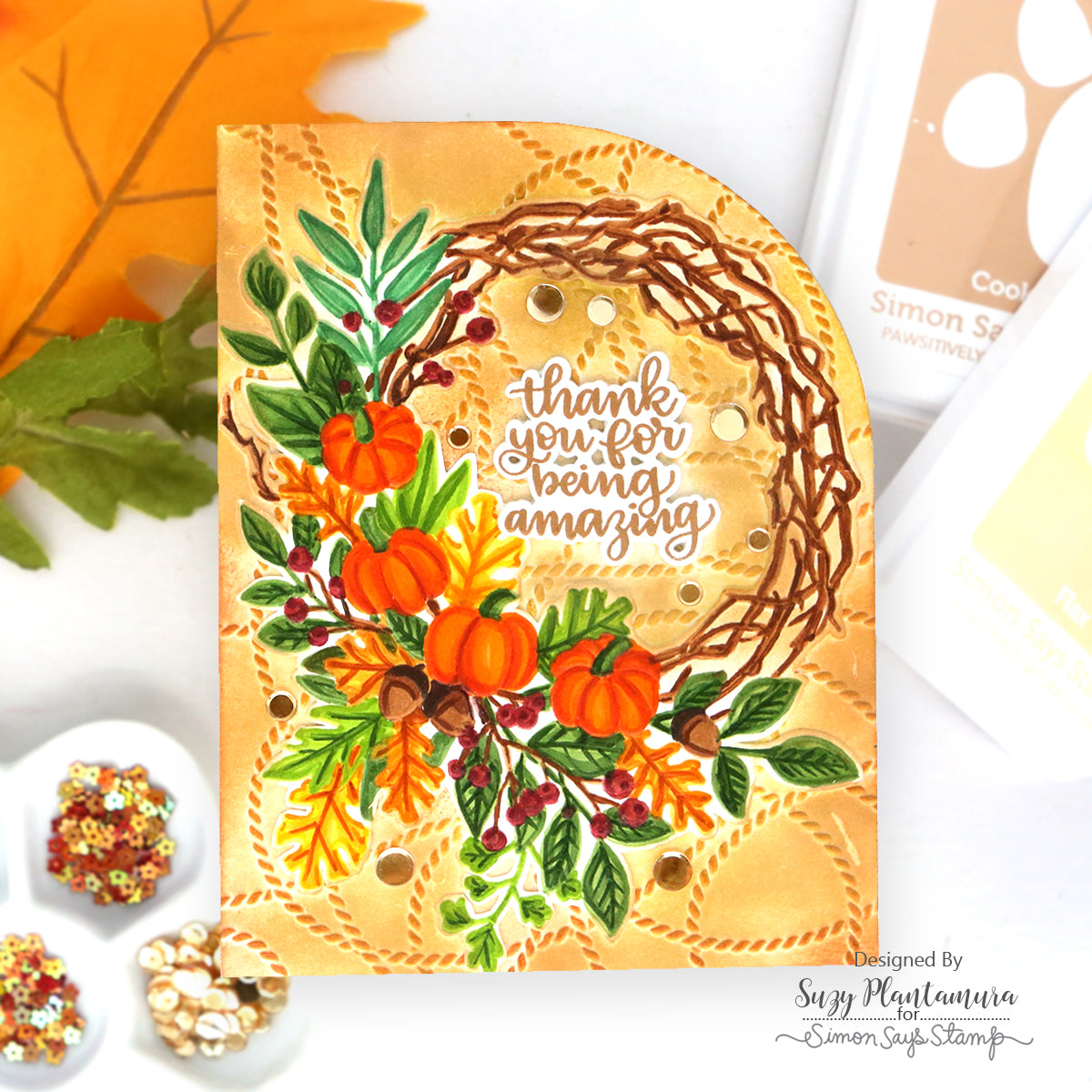 Simon Says Stamp Embossing Folder Pumpkin Wreath sf667 Stamptember Suzy Plantamura Thanksgiving Card