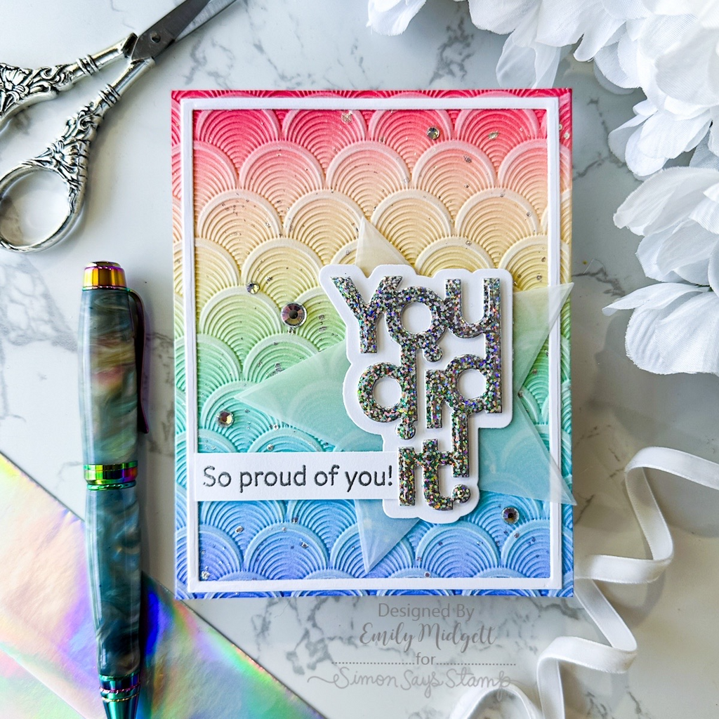 Simon Says Stamp Embossing Folder Sunrise Overlay sf374 Celebrate Proud of You Rainbow Card Emily Midgett | color-code:ALT04