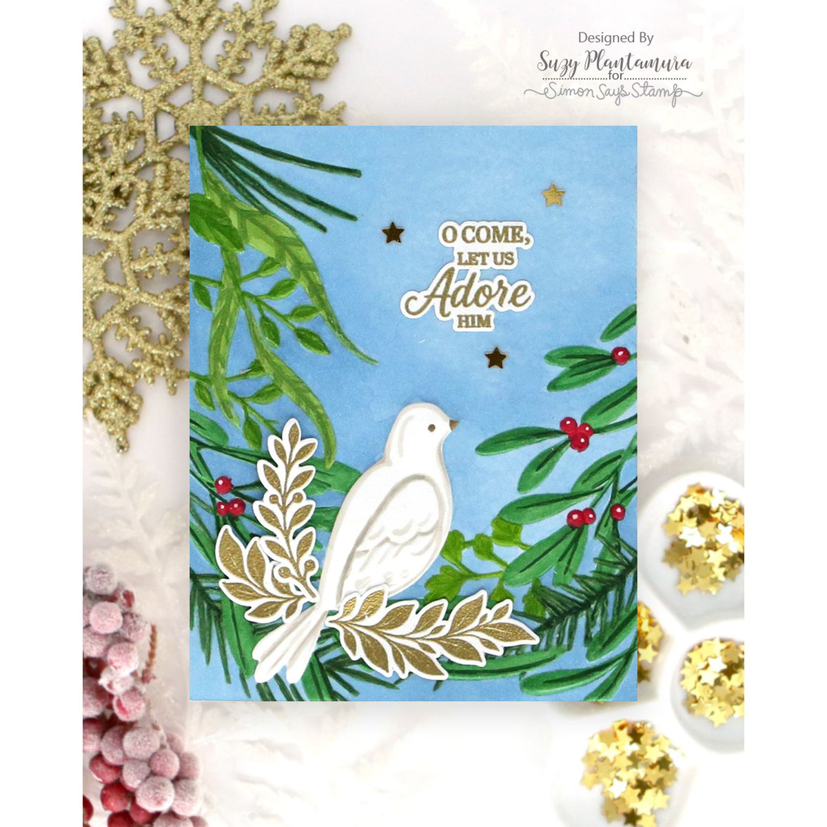 Simon Says Stamp Embossing Folder Tranquil Dove sf653 Suzy Plantamura Sacred Christmas Card