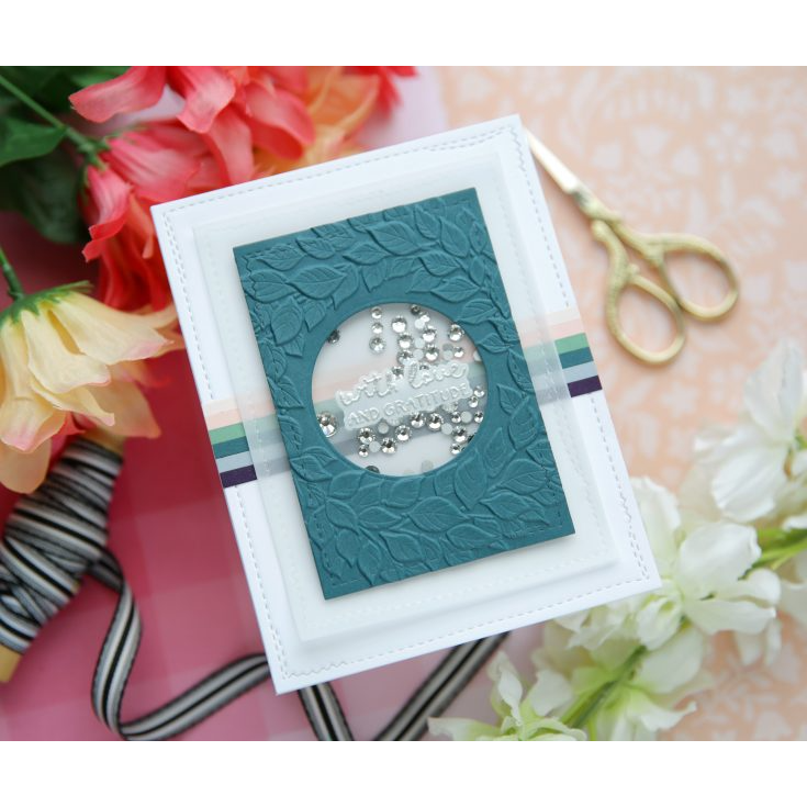 Simon Says Stamp Embossing Folder Verdant Wreath sf643 Laura Bassen Teal Fall Wreath Gratitude Shaker Card | color-code:ALT05