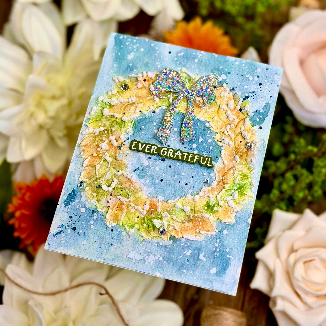 Simon Says Stamp Embossing Folder Verdant Wreath sf643 Love and Gratitude Card Autumn Joe Sysavath Blue Background