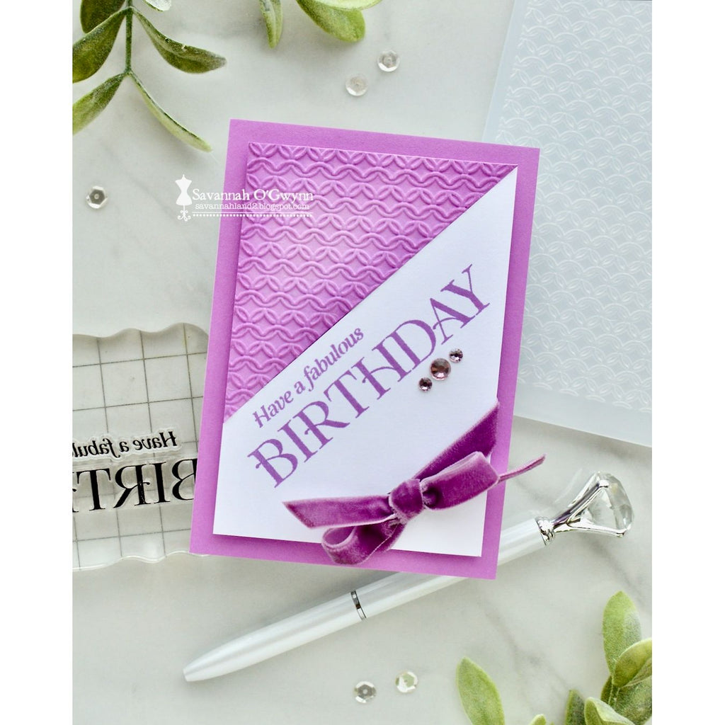 Simon Says Stamp Embossing Folder Woven Rings sf586 Savannah O'Gwynn Lavender Bow Birthday Card | color-code:ALT02