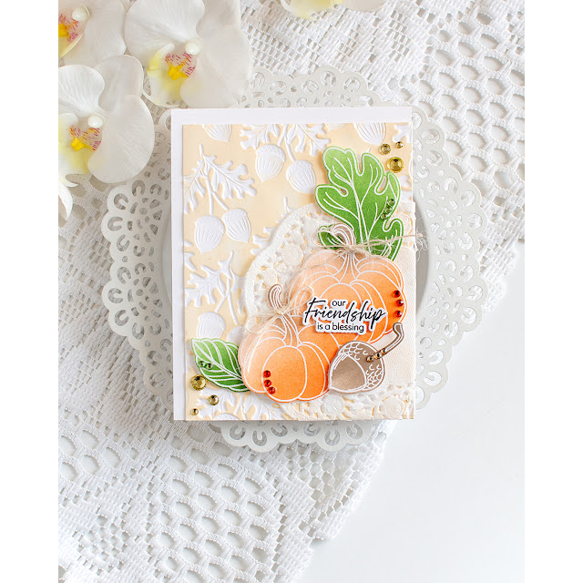 Simon Says Stamp Embossing Folder and Cutting Die Harvest Acorns sfd651 Sending Cheer Heather Hoffman Fall Friend Card with Pumpkins | color-code:ALT01