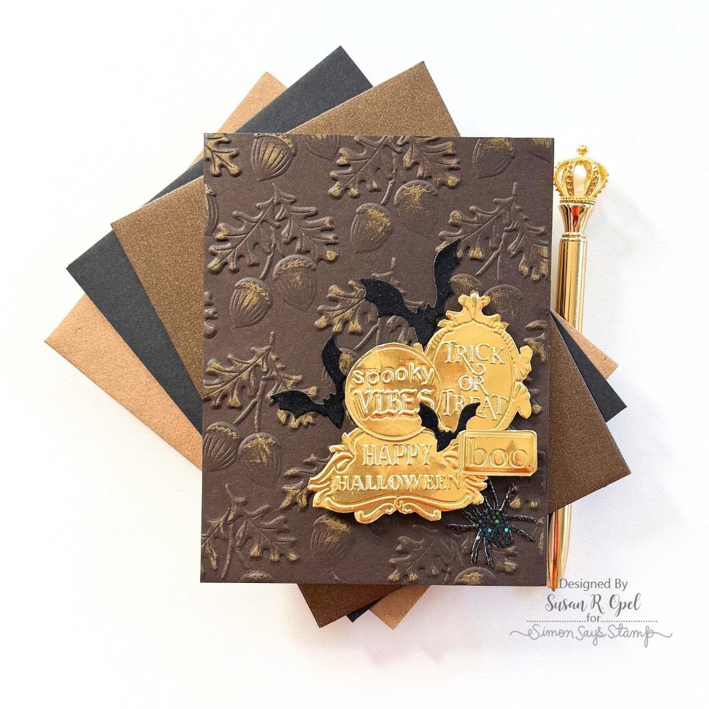 Simon Says Stamp Embossing Folder and Cutting Die Harvest Acorns sfd651 Sending Cheer Susan R Opel Batty Acorns Card
