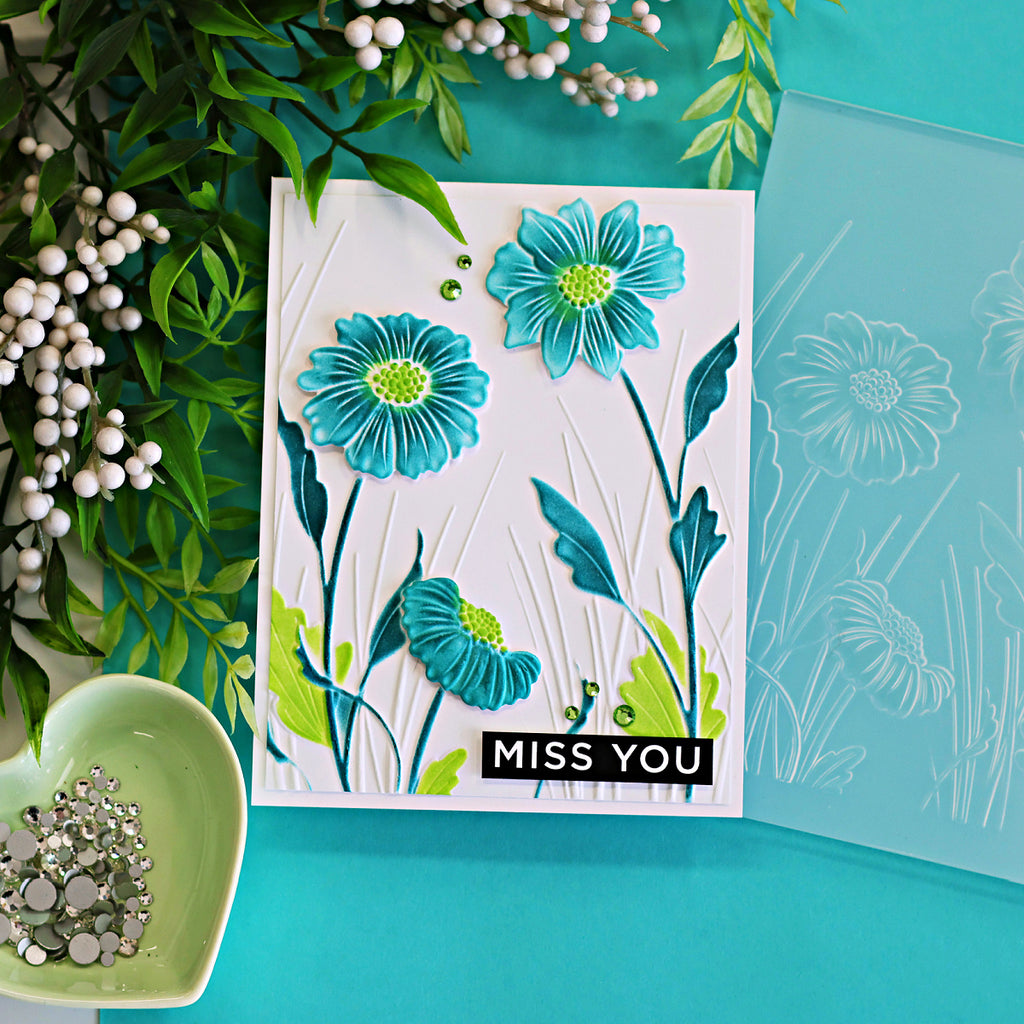 Simon Says Stamp Embossing Folder and Cutting Dies Blooming Beauties sfd580 Always There Teal Flowers Miss You Card Sandi MacIver