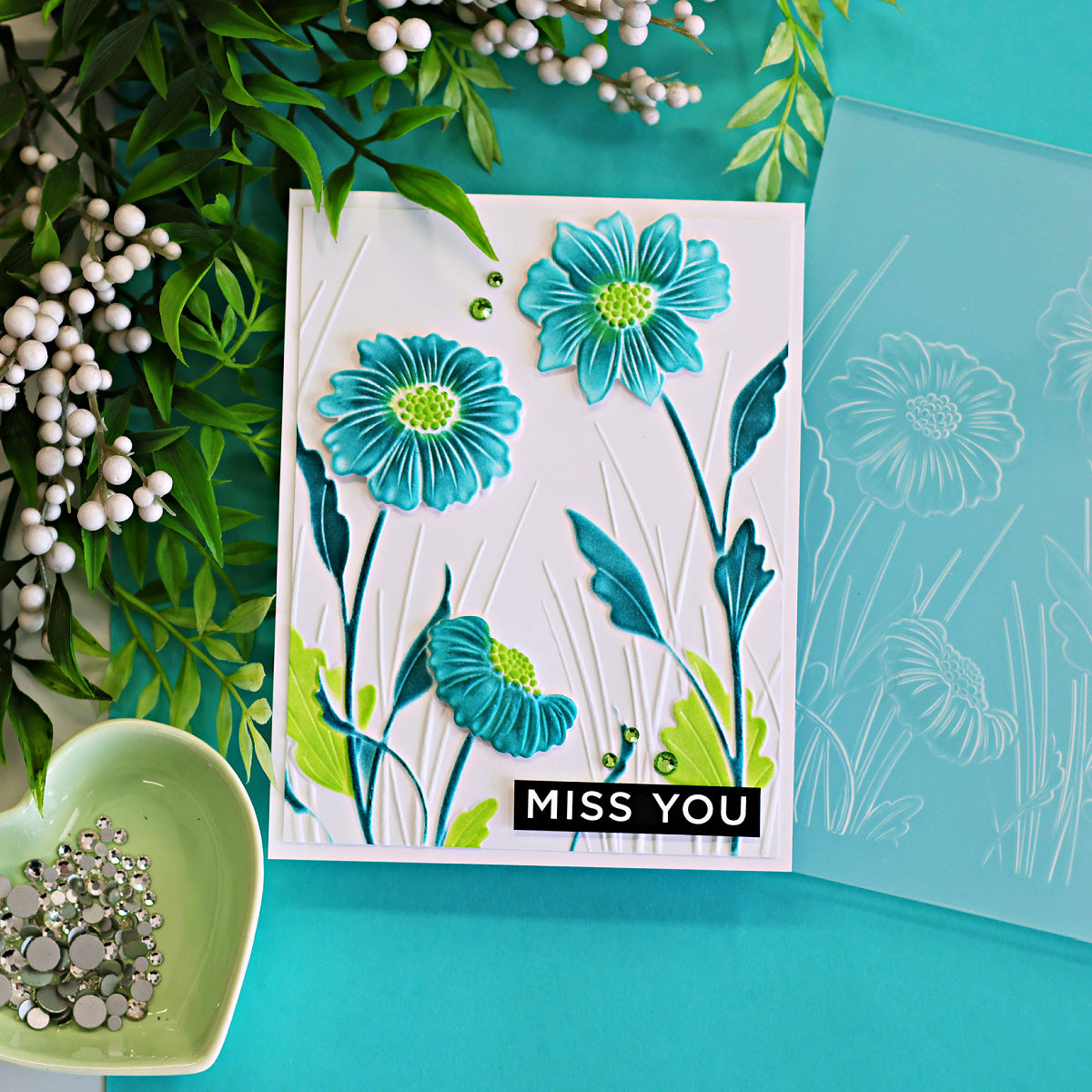Simon Says Stamp Embossing Folder and Cutting Dies Blooming Beauties sfd580 Always There Teal Flowers Miss You Card Sandi MacIver