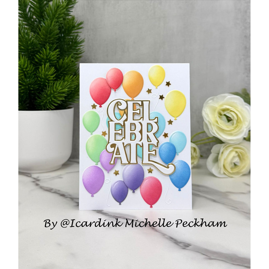 Simon Says Stamp Embossing Folder and Cutting Dies Celebration Balloons sfd632 Michelle Peckham Rainbow Fun Card