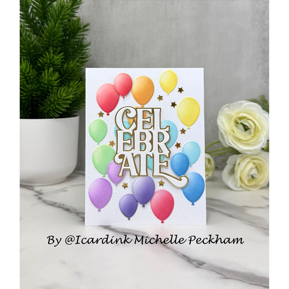 Simon Says Stamp Embossing Folder and Cutting Dies Celebration Balloons sfd632 Michelle Peckham Rainbow Fun Card